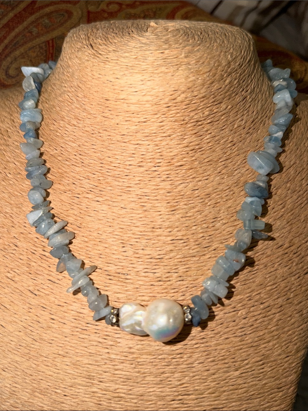 Baroque pearl very large with blue topaz chips necklace tiny crystal rhondelles